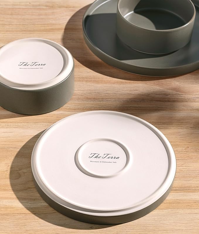 TheTerra Ceramic Dinnerware Sets for 4, 12 Pieces Handmade Reactive Glaze Plates and Bowls Set, Scratch Resistant Dish Set, Oven & Microwave & Dishwasher Safe, Matte Green