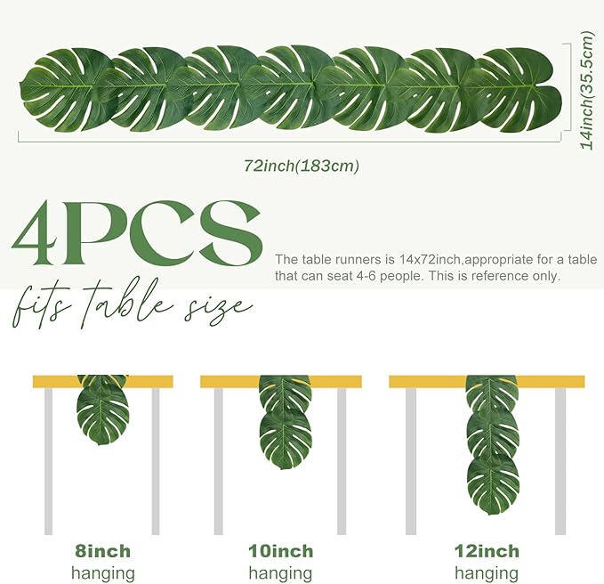 AerWo 4Pcs Artificial Palm Leaves Table Runners 72 Inch, Tropical Palm Leaves Table Runner Faux Leaf Table Cloth for Wedding Hawaiian Luau Jungle Summer Party Tropical Baby Shower Table Decorations