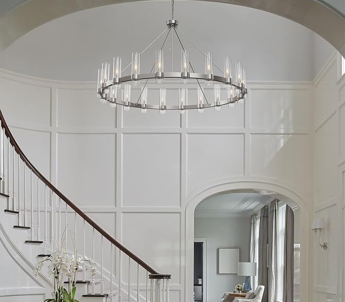 Nickel Chandelier,20-Light Wagon Wheel Chandelier with Glass Shade, 60 Inch Large Round Industrial High Ceilings Pendant Lighting Fixture for Dining Room, Living Room, Kitchen Island