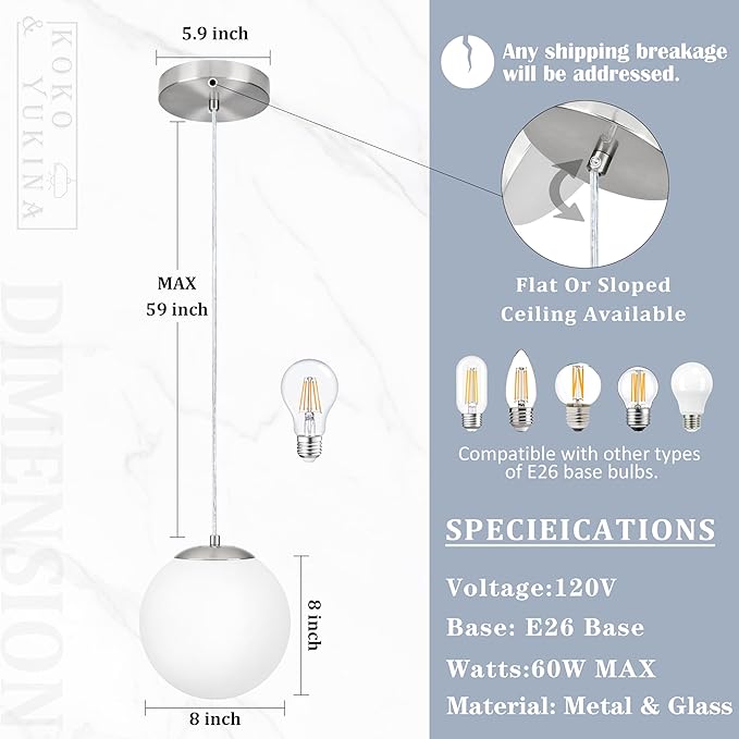 KoKo&Yukina 8 Inch Globe Pendant Light Nickel Globe Pendant Lights Kitchen Island Mid Century Light Fixture with Milky White Glass Shade Adjustable Lights for Dining Room