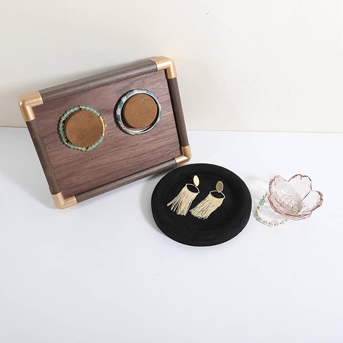 GemeShou Round Jewelry Organizer plate, Top Microfiber velvet Jewerly display tray, Empty Jewelry showcase tray for Necklace Bracelet Ring Earring display stand holder (Black-Small, 5.9 x 5.9 in)