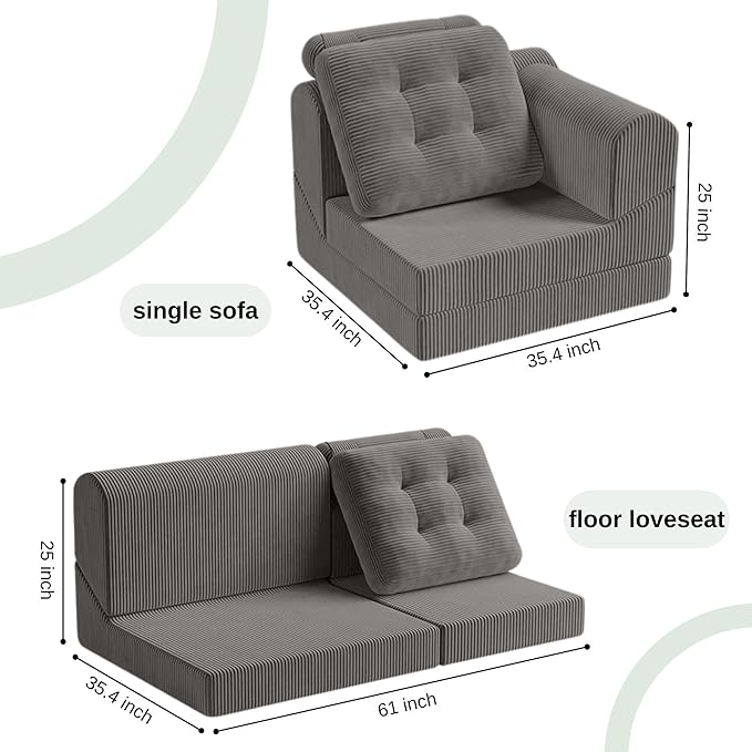 COMAX Folding Sofa Bed, 8-in-1 Foldable Floor Couch Corduroy Convertible Futon Sofa, Fold Out Chair Bed Sleeper Mattress Comfy Portable Lounge Loveseat Guest for Living Room Bedroom, Dark Grey