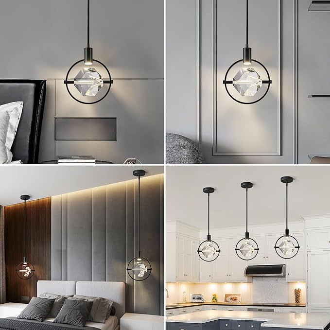 Modern Crystal Pendant Light in Black Mini Dimmable Integrated LED Light Fixtures Metal Rod Ceiling Black Chandelier for Kitchen Island Bedroom Dining Room Bar(1-Lights)