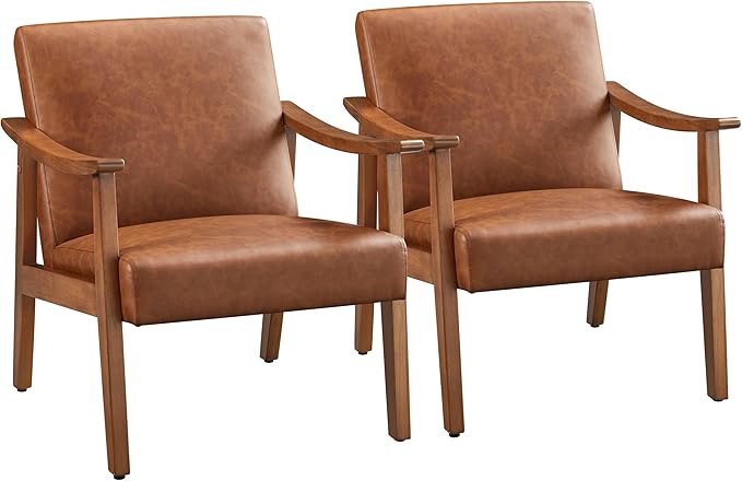 Yaheetech PU Leather Accent Chair, Mid-Century Modern Armchair with Solid Wood Legs, Reading Leisure Chair for Living Room Bedroom Waiting Room, Light Brown, Set of 2