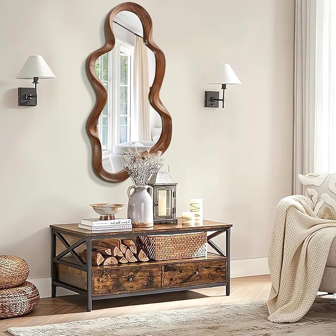 Irregular Wood Frame Mirror Asymmetrical Mirrors for Wall Unique Cloud Modern Living Room Bedroom Vanity Entryway Hallway Decorative Artistic Cute and Stylish Wall Mirror Large 36"x20"