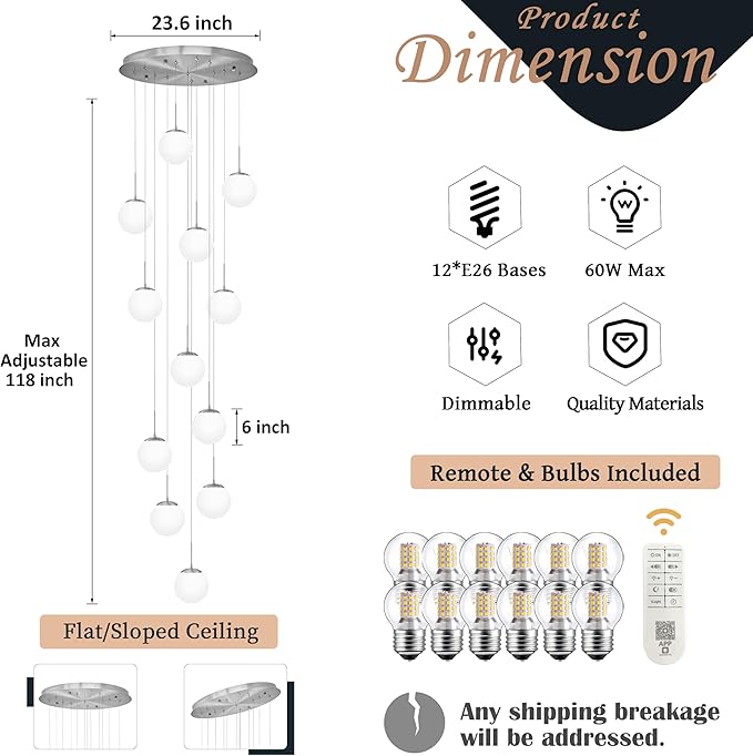 KoKo&Yukina 12-Light Nickel Mid Century Modern Chandelier for Living Room Staircase Chandelier for Entryway Globe Milky White Glass Pendant Light High Ceiling Chandeliers Foyer (Bulb & Remote Incl.)