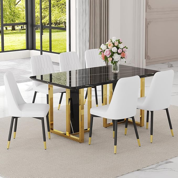 TesNus 63" Black Dining Table Set for 6 with Chairs,Modern Faux Marble Rectangular Kitchen Table and Chairs Set Luxury 7 Piece Dining Room Set with Gold Metal Legs,Easy Assemble,Stable Base