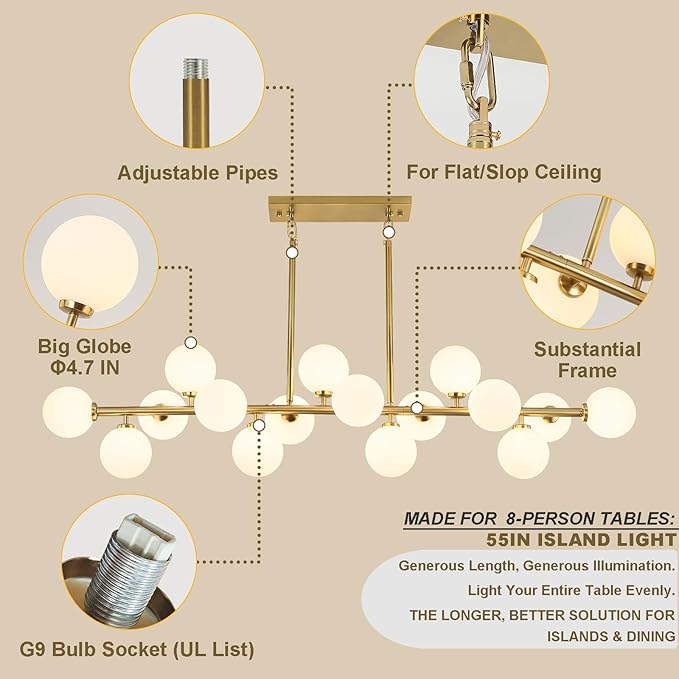 Mid Century Modern Chandelier 55in Linear Gold Pendant Lighting Fixture Linear Chandeliers for Kitchen Island, Dining Room 16-Light