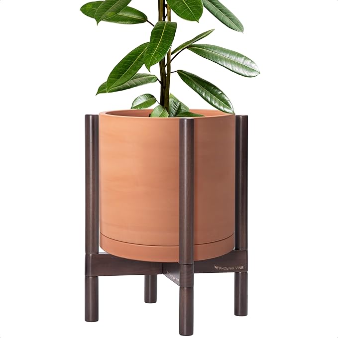 D'vine Dev Terracotta Planter with Walnut Color Stand - 12 Inch Modern Round Flower Pot with Wood Planter Holder, Terracotta, 55-B-W-5
