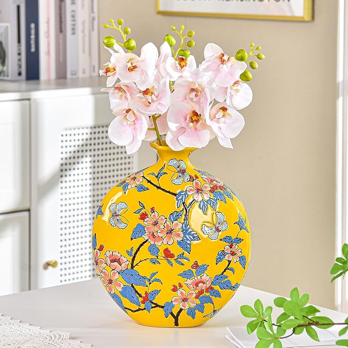 Sungmor High-Class Enamel Painted Porcelain Vase, Traditional Hand-Carved Overglaze Color Ceramic Vase for Fresh Flowers Dried Plants Arrangement, Decorative Vase for Centerpieces, Shelf, Living Room