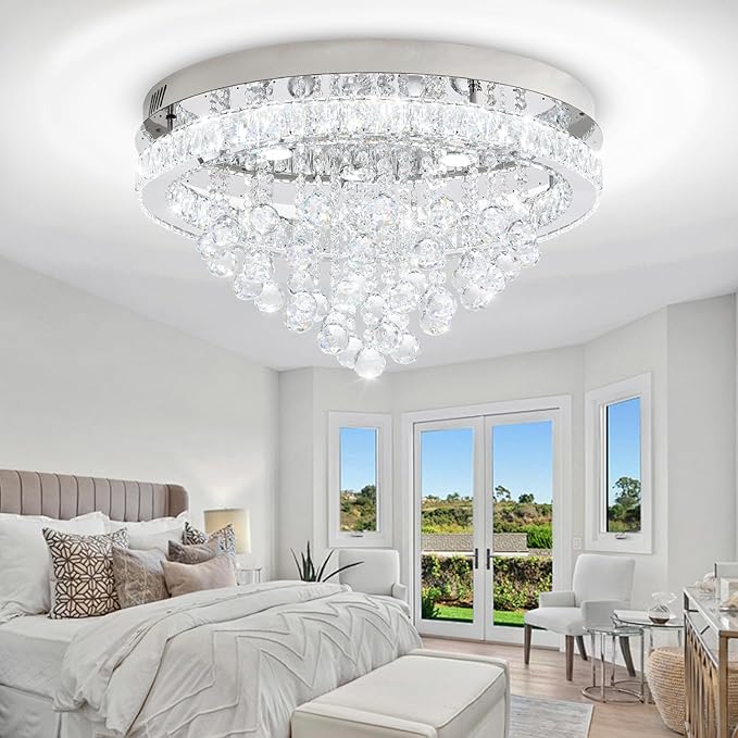 24" Modern Crystal Chandeliers for Dining Room Chrome Ceiling Chandelier Flush Mount Crystal Ceiling Light for Bedroom Living Room Hallway