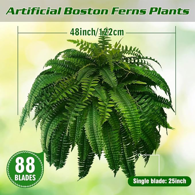 WAYNHUI Silky Artificial Boston Fern Bush, 48Inch Artificial Plants, Suitable for Decorating Office, Patio, Living Room Faux Greenery, 88Branches (88 Branches 1pack)