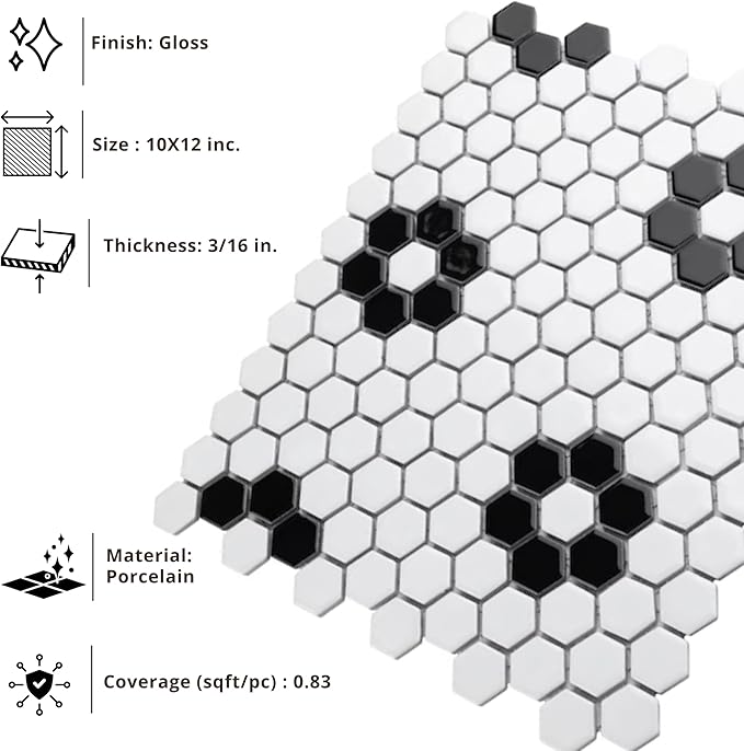 Tenedos Hexagon Glossy White Flower Porcelain Mosaic Tile – Kitchen Backsplash, Bathroom Wall & Shower Floor Tile (5 Sheets)
