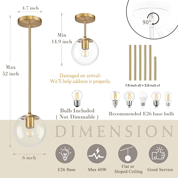 6 Inch Globe Pendant Light Gold Mid Century Pendant Light Contemporary Globe Pendant Lights Kitchen Island Clear Glass with Brass Finish Adjustable Hanging Light Fixture for Kitchen Island