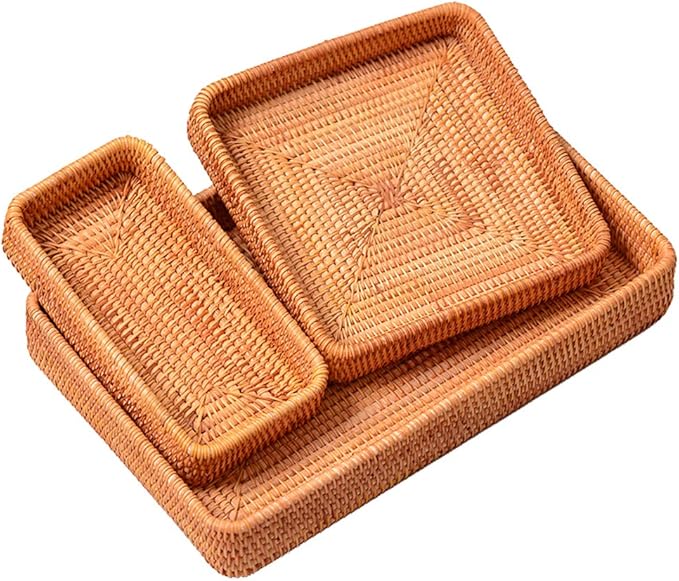 i-lan Set of 3 15" Rattan Woven Serving Tray Basket with MOP Wooden Base and Handles, Boho Wicker Coffee Table Décor Serving Tray with 2 Inch Wall, Handmade Display Basket for Everywhere