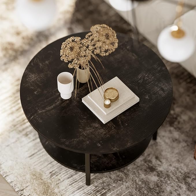 FABATO Round Lift Top Coffee Table with Storage and Hidden Compartment, 26.77'' Farmhouse Coffee Table for Living Room Reception Room, 2 Tier Small Round Coffee Table Circle Dining Table, Black Oak