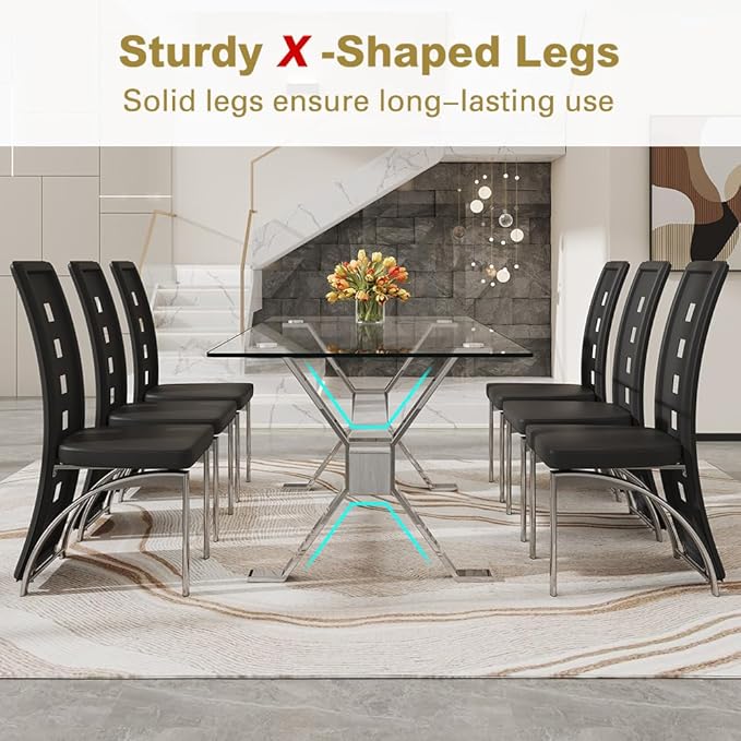 71'' Glass Dining Table Set for 6,7 Piece Dining Table Set with Tempered Glass Tabletop and Open‑Frame X‑Shaped Metal Base,Kitchen Table and Chairs Ideal for Dining Room&Home Office