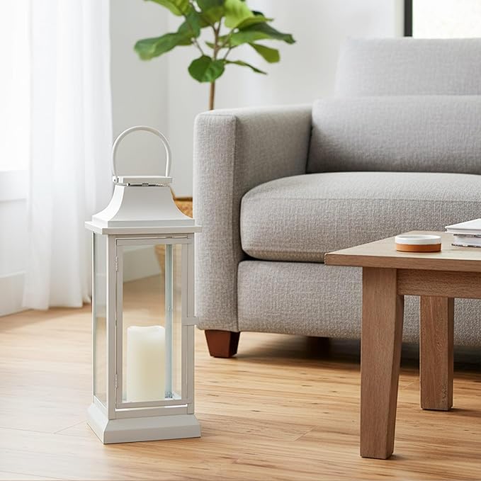 Nuogo 25 Inch Large Metal Lanterns with Glass Panels White Hanging Vintage for Table Porch Home Party Decor Gift Indoor Outdoor, Candle Not Includes