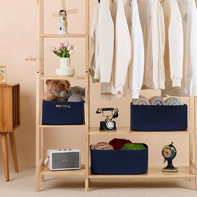 Large Storage Baskets for Shelves, Closet Organizers Bins for Clothes Blanket Towels, Baby Nursery, Toy Baskets Box, Woven Rope Baskets, 17 x 13 x 7.5”, 3 Packs Navy Blue