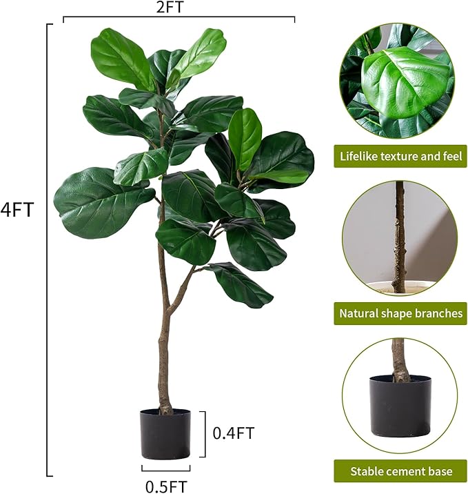 Artificial Fiddle Leaf Tree-4ft Faux Plant Fake Ficus Lyrata Tree Artificial Fig Silk Trees with Pot Floor Plants for Home Living Room Decor Indoor