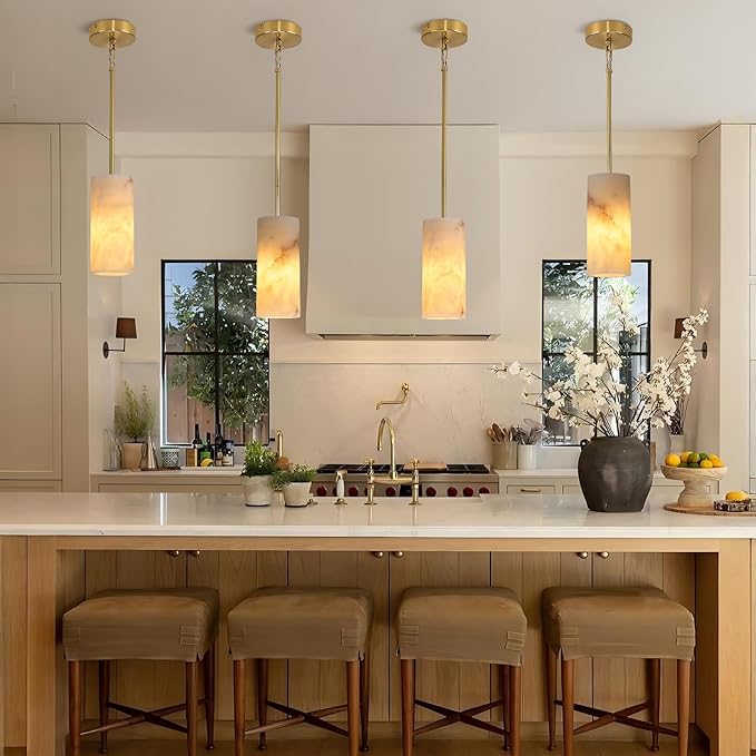 Alabaster Pendant Lights Kitchen Island, Brass Marble Pendant Lighting, Gold Modern Pendant Lights Fixtures for Bedroom Bathroom Living & Dinning Room(Include E12 Bulb)