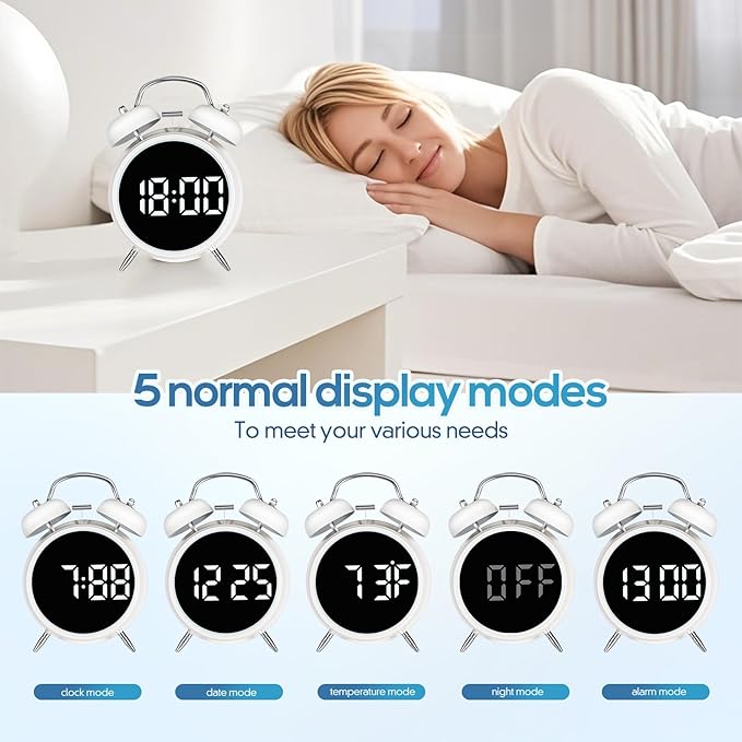 Loud Alarm Clock for Heavy Sleepers Adults, Teens,Kids,Retro Metal Twin Bell 4 Inch,Large Big Numbers Display with Backlight, Small Bedside Digital Clock for Bedrooms (White)