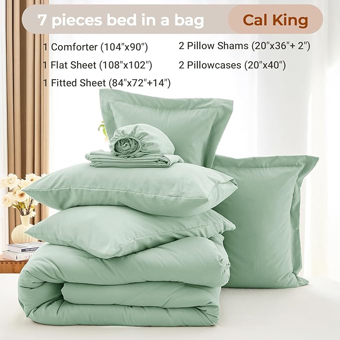 MUXHOMO 7 Pieces California King Comforter Set, Soft Bed in a Bag Cal King Size, All Season Bedding Set with Comforter, Flat Sheet, Fitted Sheet, Pillowcases & Shams, Sage Green