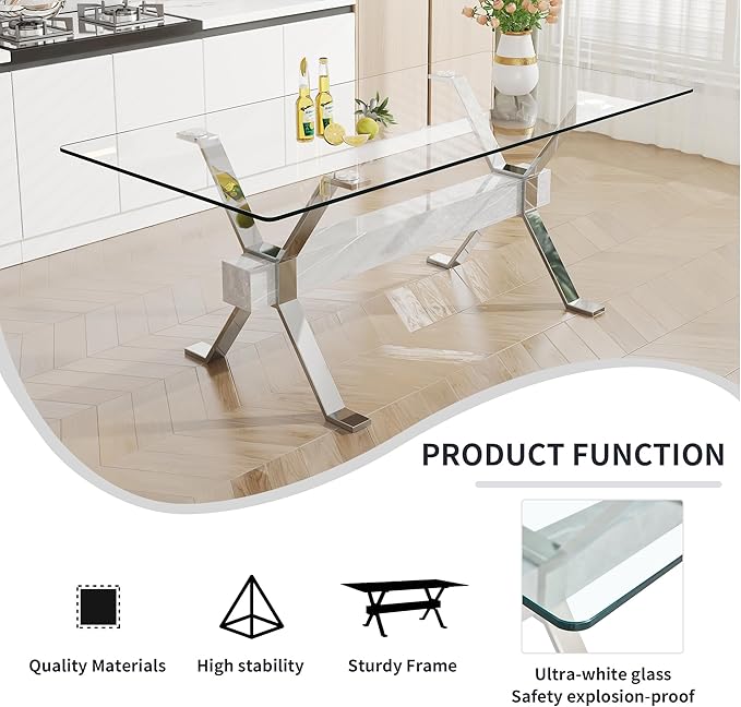 9 Piece Glass Dining Table Set, 79" Modern Dining Table Set for 8, 0.5" Thick Tempered Glass Tabletop with Silver Chrome Metal Legs and Grey Crossbar, 8 PU Chairs for Dining Room, Kitchen