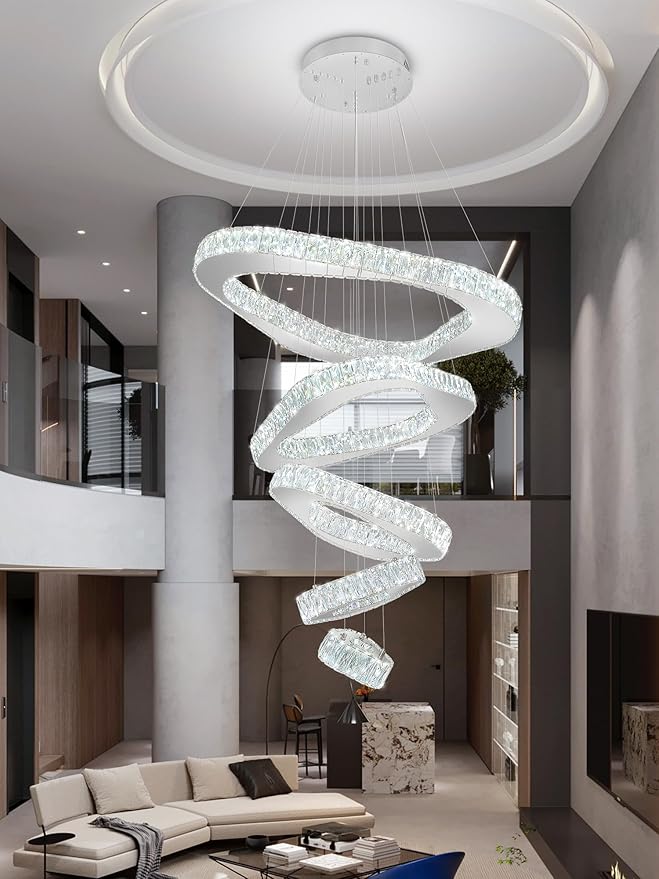 Large Modern Chandelier 5 Ring Chandeliers for High Ceiling Dimmable Chrom Chandeliers High Ceiling Foyer Chandelier for Living Room Dining Room Staircase