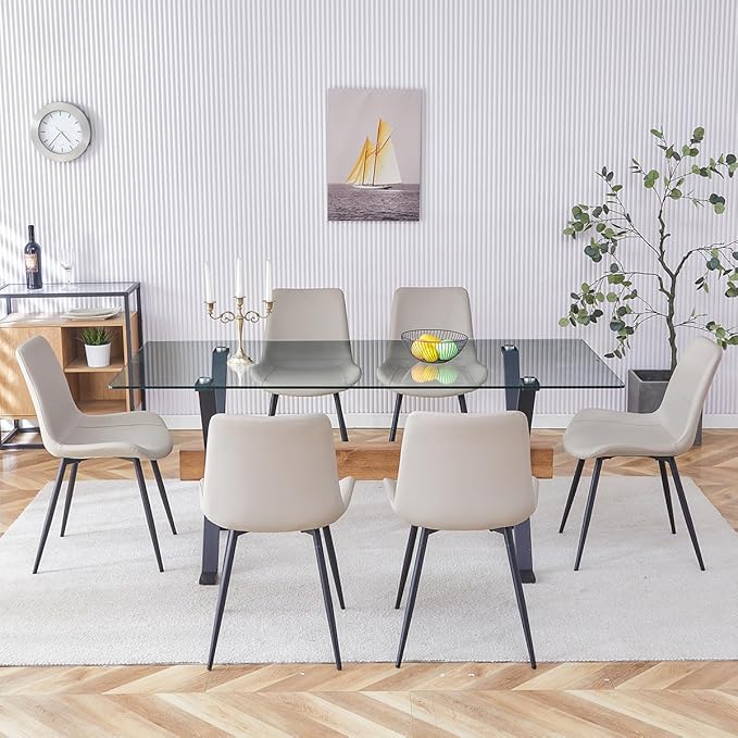 7 Piece Glass Dining Table Set, Kitchen Table Chairs Set for 6, 71'' Dining Table with 0.4" Tempered Glass Tabletop with Plated Metal Legs and MDF Crossbar, 6 PU Chairs for Dining Room, Kitchen.