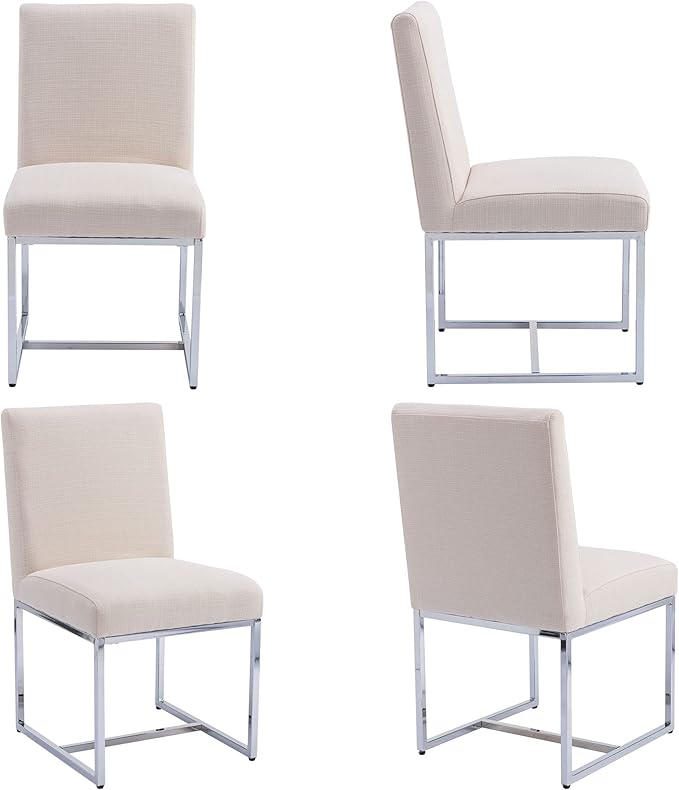 VESCASA Linen Upholstered Dining Chairs Set of 4, Mid Century Modern Padded Chair with Chrome Metal Frame for Restaurant, Dining Room, Kitchen, Cream