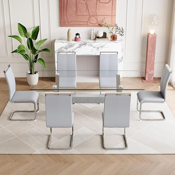 7 Piece Glass Dining Table Set, Kitchen Table Chairs Set for 6, 71'' Dining Table with 0.4" Tempered Glass Tabletop with Plated Metal Legs and MDF Crossbar, 6 PU Chairs for Dining Room, Kitchen.