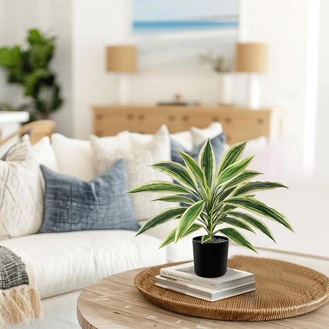 Artificial Plants Indoor with Pot, 18" Fake Potted Plants Medium Artificial Dracaena Plant in Black Pot Faux Tropical Plants for Bathroom Living Room Office Desk Shelf Decor