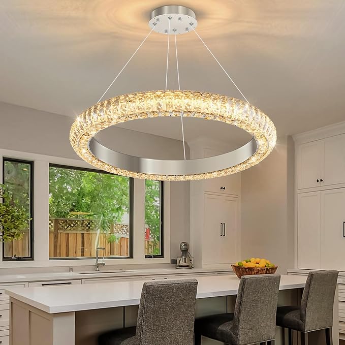 24" Ring Modern LED Dimmable Crystal Chandelier Adjustable Height Pendant Light Round Crystal Chandelier Light Fixtures for Dining Room Living Room Kitchen Island Silver