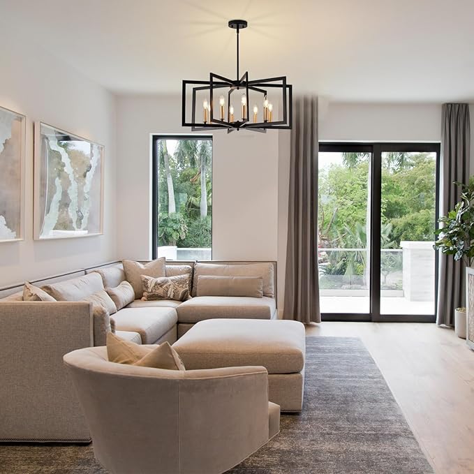 Black Chandelier for Dining Room, 8-Light Kitchen Chandelier Light Fixture Modern Metal Industrial Large Chandeliers for Farmhouse Entryway Living Room (Black Gold)