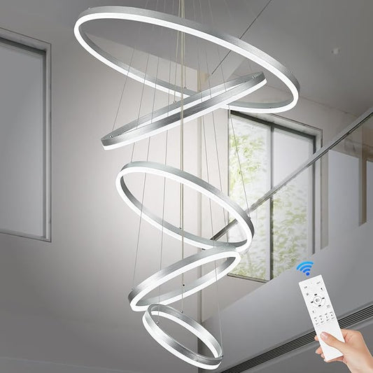 5 Rings D31.5 Modern LED Chandelier Silver Large Dimmable Circular High Ceiling Chandeliers with Remote Control for Foyer Dining Room Living Room Staircase Villa, 3000K-6500K CCT