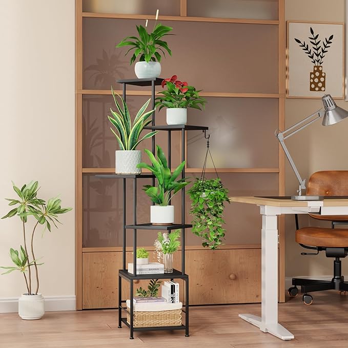 Plant Stand Indoor with Grow Light, 6-Tiered Tall Plant Stand Indoor, Metal Plant Shelf with Hanging Basket Hook and Adjustable Light, Ideal for Living Room, Garden, Patio, Black