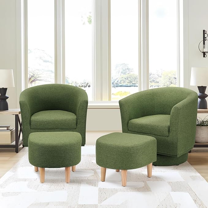 DAZONE Accent Chairs Set of 2, Green Barrel Chair with Ottoman, Comfy Armchair for Small Spaces, 360° Modern Fabric Lounge Chair for Living Room, Bedroom, Reading Nook, Home Office