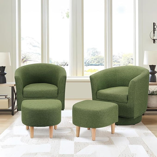 DAZONE Accent Chairs Set of 2, Green Barrel Chair with Ottoman, Comfy Armchair for Small Spaces, 360° Modern Fabric Lounge Chair for Living Room, Bedroom, Reading Nook, Home Office