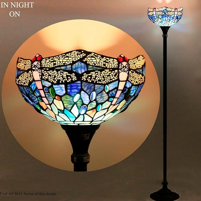 WERFACTORY Tiffany Floor Lamp Sea Blue Stained Glass Dragonfly Light 12X12X71 Inches Pole Torchiere Standing Corner Torch Uplight Decor Bedroom Living Room Home Office S631 Series