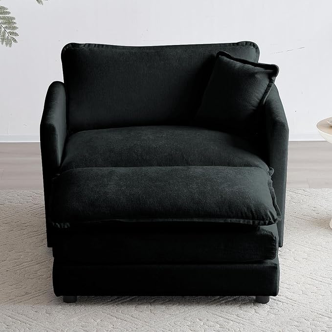 GNIXUU Oversized Accent Chair with Ottoman, Chenille Comfy Single Sofa, Modern Upholstered Lounge Reading Armchair Indoor Cloud Couch with Deep Seat & Pillow for Living Room Bedroom Apartment, Black
