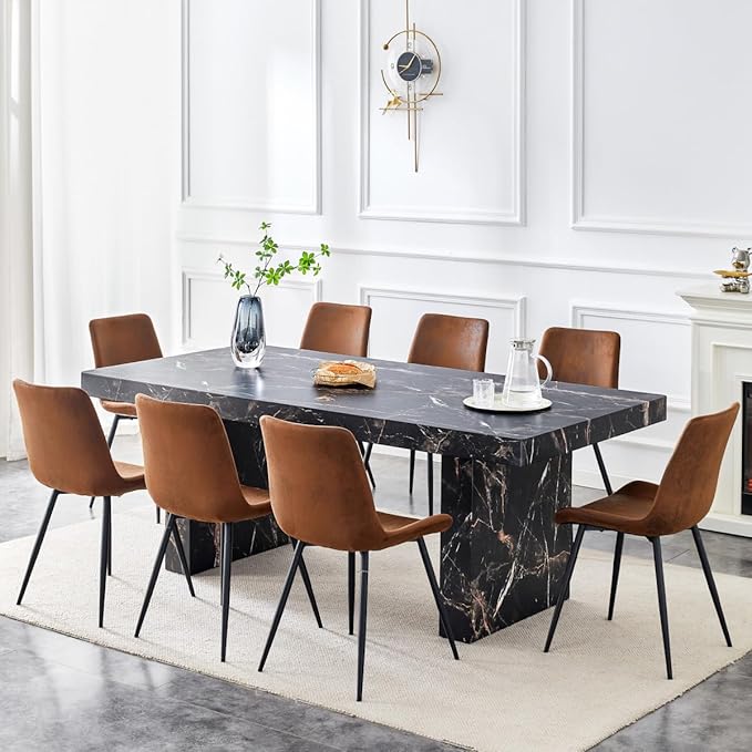 79" Marble Dining Table Set｜Modern Dining Table Set with 8 Suede Chairs｜Engineered Wood with Marble Pattern Tabletop｜Widened and Stable Tablelegs｜Easy Assembly