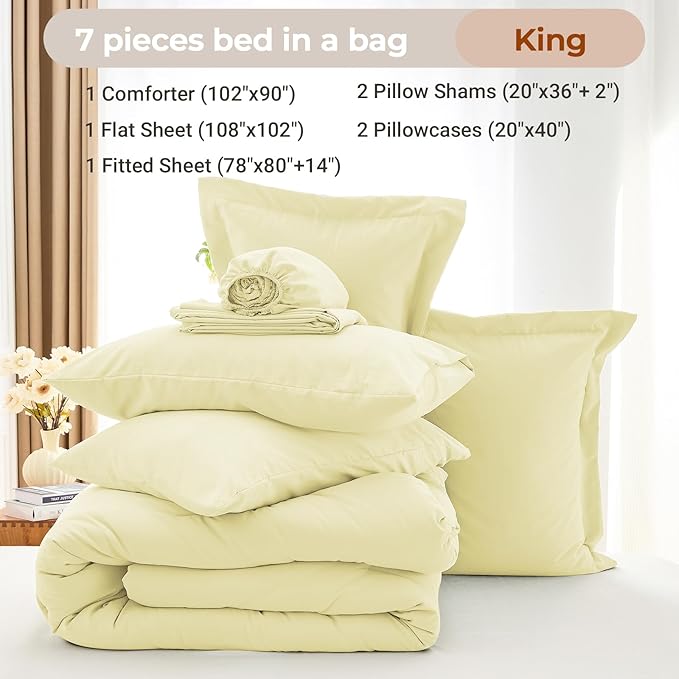 MUXHOMO 7 Pieces King Comforter Set, Soft Bed in a Bag King Size, All Season Bedding Set with Comforter, Flat Sheet, Fitted Sheet, Pillowcases & Shams, Cream Yellow