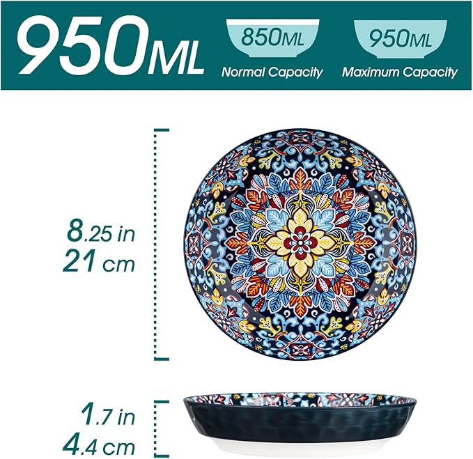 vancasso 32 Oz Pasta Bowls Sets of 6, Ceramic Large Colorful Salad Serving Bowls for Kitchen, Dishwasher & Microwave Safe, Soup Pasta Plates