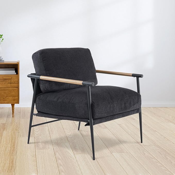 Accent Chair Set of 2,Mid Century Modern Armchair for Living Room,Bedroom,Office,Lounge Comfy Chenille Upholstered Soft Removable Washable Cushions and Pillows,Metal Wood-Grain Armrest Legs,2PCS,Black