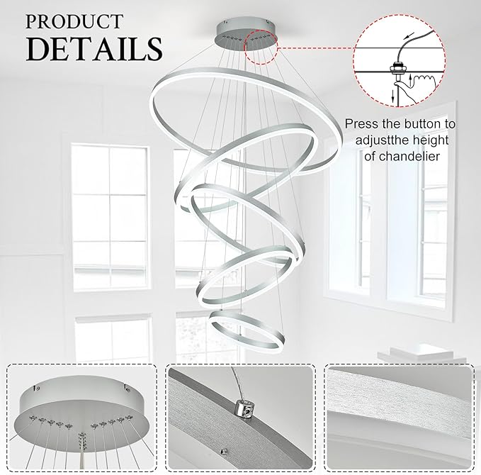 5-Rings D31.5’’ Modern LED Chandelier Silver Dimmable High Ceiling Chandeliers Foyer with Remote Control for Entryway Living Room Dining Room Staircase, 3000K-6500K