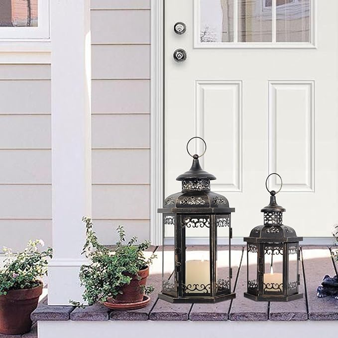 DECORKEY Large Lantern Decorative Outdoor & Indoor, Set of 2 (15’’&11’’) Metal Candle Lanterns Decor, Vintage Hanging Candle Holder for Front Porch Patio Wedding Farmhouse Home, Spring Decoration