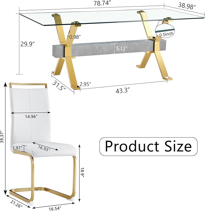 11 Piece Glass Dining Table Set, 79" Modern Dining Table Set for 10, 0.5" Thick Tempered Glass Tabletop with Silver Chrome Metal Legs and Grey Crossbar, 10 PU Chairs for Dining Room, Kitchen