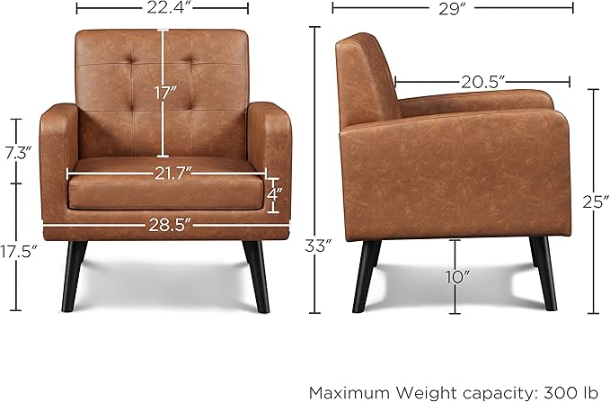 Yaheetech Mid-Century Accent Chairs, PU Leather Modern Upholstered Living Room Chair, Cozy Armchair Button Tufted Back and Wood Legs for Bedroom/Office/Cafe, Retro Brown 2 PCS