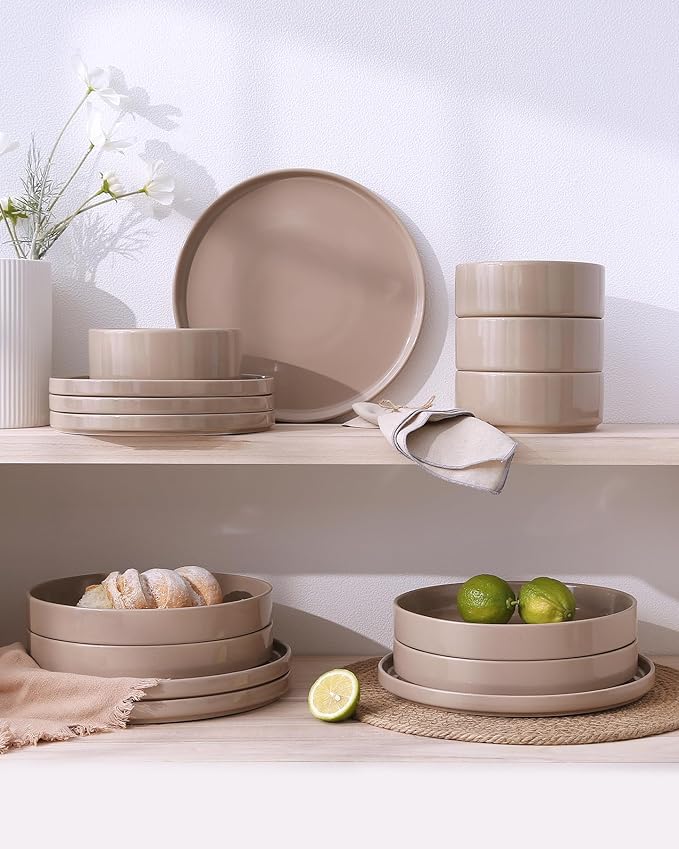 Famiware Nebula Plates and Bowls Set, 24 Pieces Dinnerware Sets, Dishes Set for 8, Cinnamon Brown